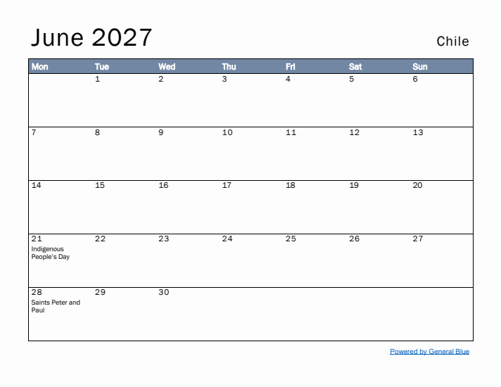 June 2027 Simple Monthly Calendar for Chile