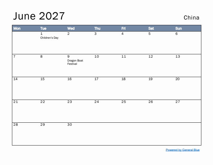 June 2027 Simple Monthly Calendar for China