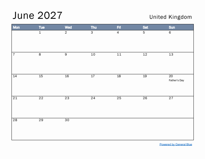 June 2027 Simple Monthly Calendar for United Kingdom