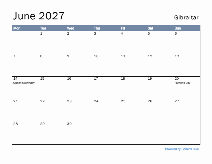 June 2027 Simple Monthly Calendar for Gibraltar