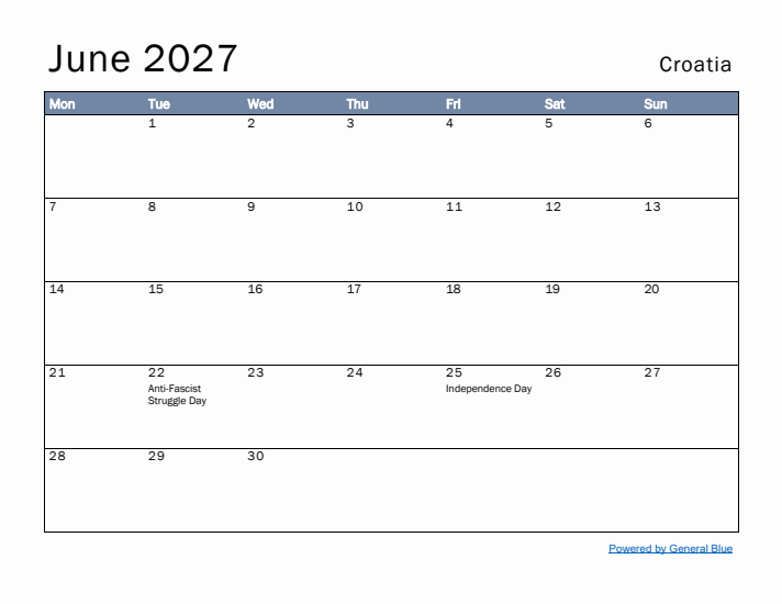 June 2027 Simple Monthly Calendar for Croatia