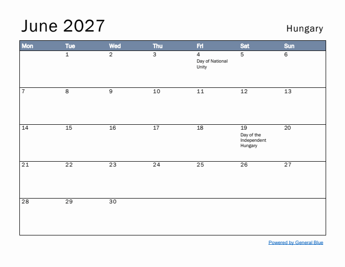 June 2027 Simple Monthly Calendar for Hungary