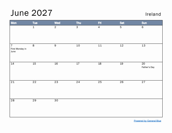 June 2027 Simple Monthly Calendar for Ireland