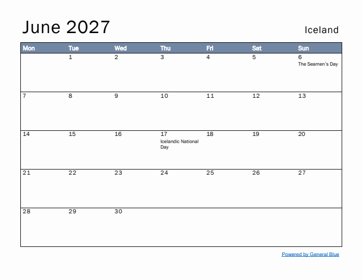 June 2027 Simple Monthly Calendar for Iceland