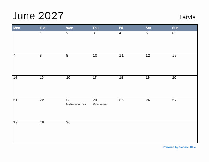 June 2027 Simple Monthly Calendar for Latvia