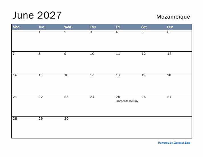 June 2027 Simple Monthly Calendar for Mozambique