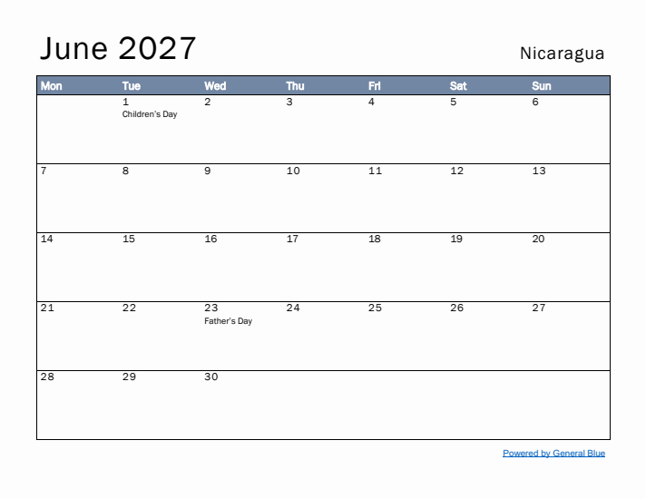 June 2027 Simple Monthly Calendar for Nicaragua