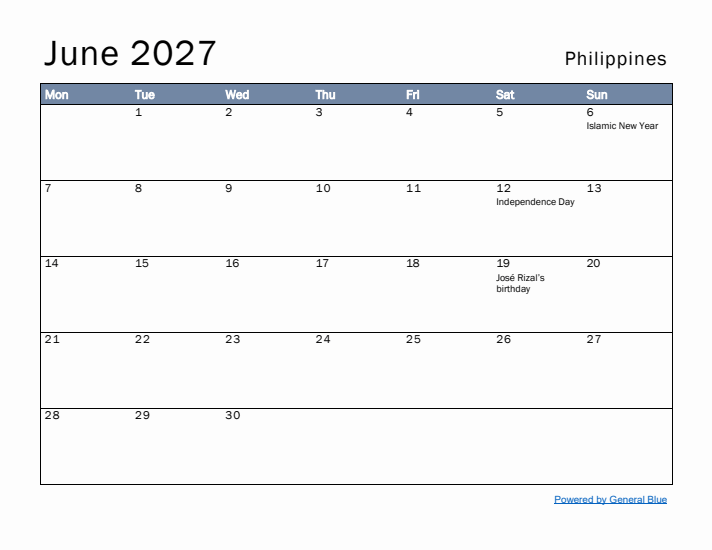 June 2027 Simple Monthly Calendar for Philippines