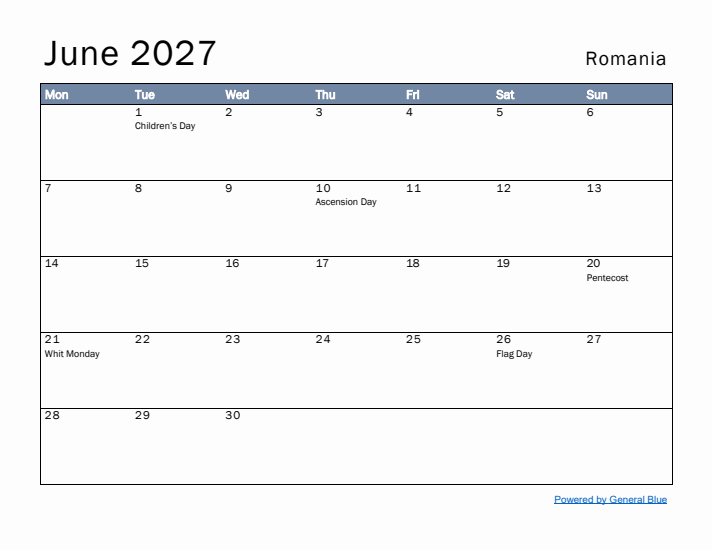 June 2027 Simple Monthly Calendar for Romania