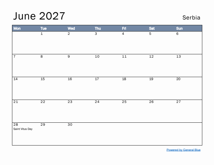 June 2027 Simple Monthly Calendar for Serbia