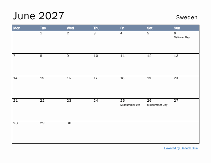 June 2027 Simple Monthly Calendar for Sweden