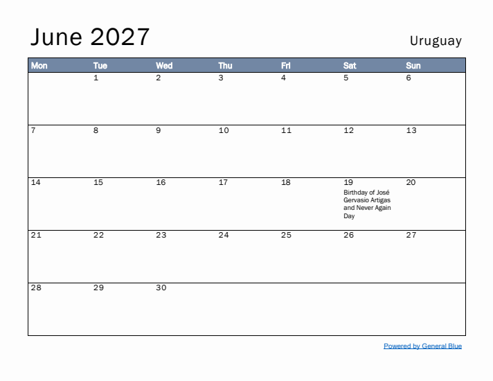 June 2027 Simple Monthly Calendar for Uruguay