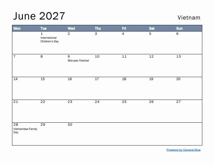 June 2027 Simple Monthly Calendar for Vietnam