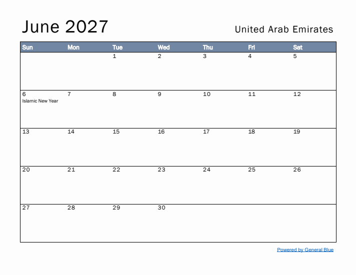 June 2027 Simple Monthly Calendar for United Arab Emirates