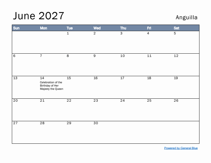 June 2027 Simple Monthly Calendar for Anguilla