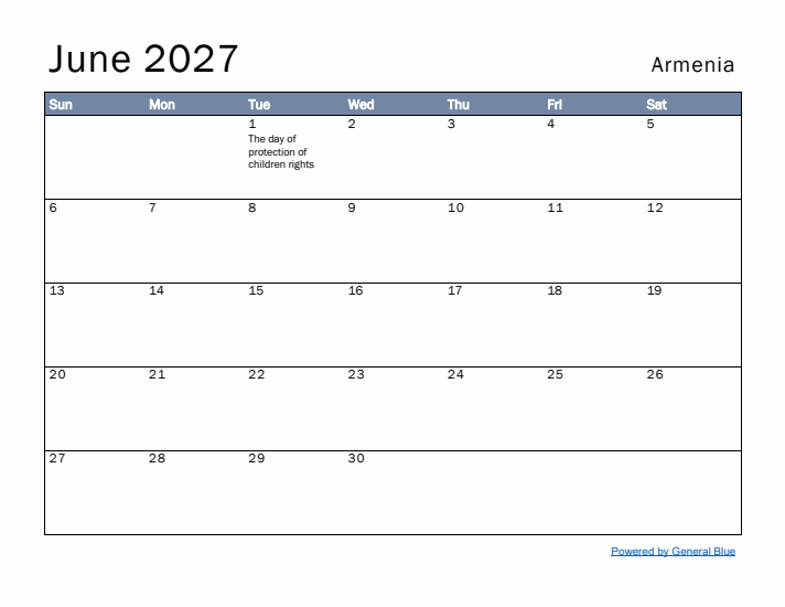 June 2027 Simple Monthly Calendar for Armenia