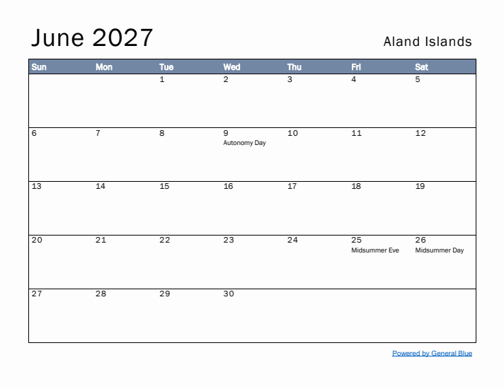 June 2027 Simple Monthly Calendar for Aland Islands