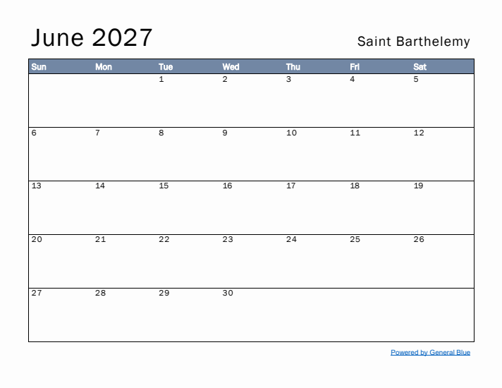 June 2027 Simple Monthly Calendar for Saint Barthelemy