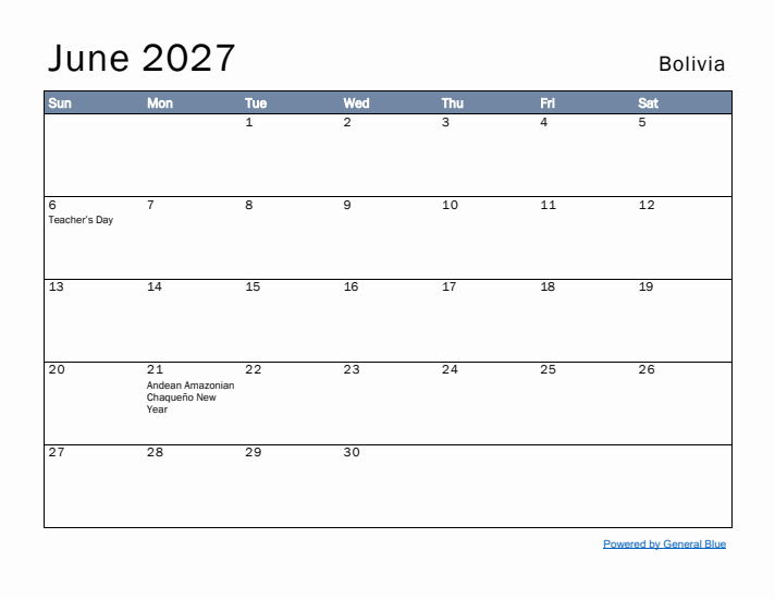 June 2027 Simple Monthly Calendar for Bolivia