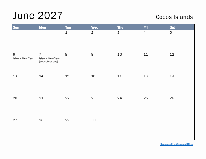 June 2027 Simple Monthly Calendar for Cocos Islands