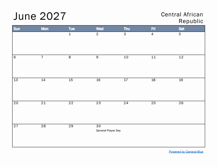 June 2027 Simple Monthly Calendar for Central African Republic