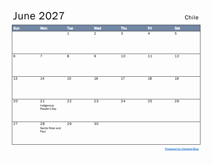 June 2027 Simple Monthly Calendar for Chile