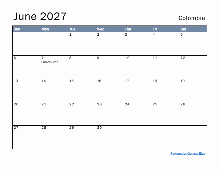 June 2027 Simple Monthly Calendar for Colombia