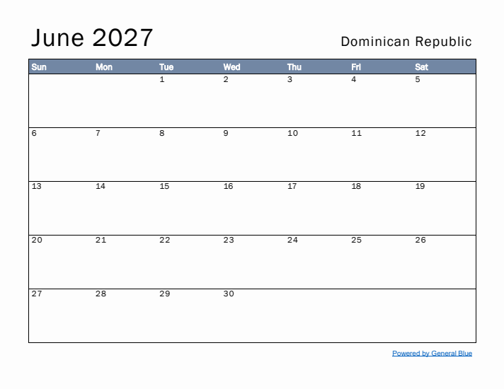 June 2027 Simple Monthly Calendar for Dominican Republic