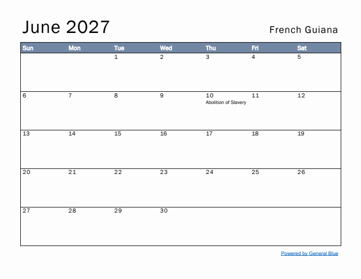 June 2027 Simple Monthly Calendar for French Guiana