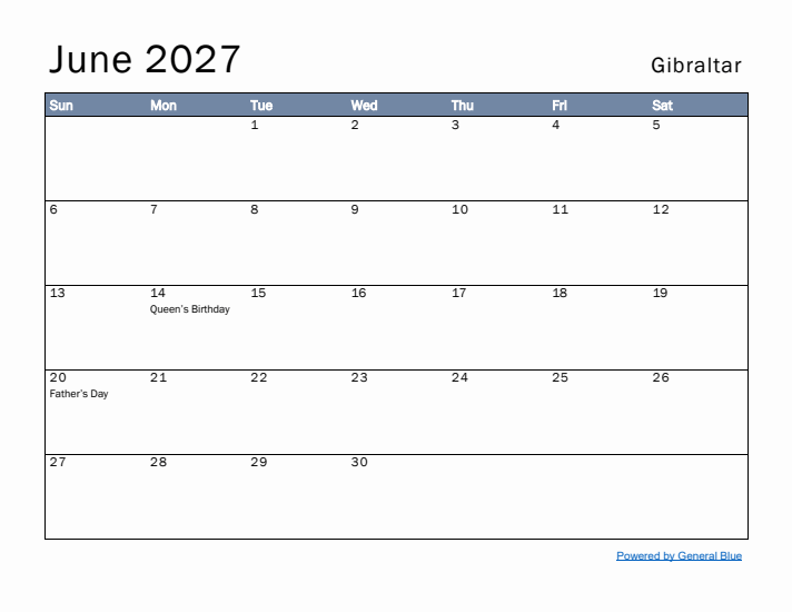 June 2027 Simple Monthly Calendar for Gibraltar