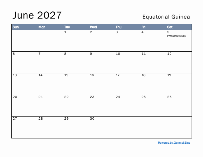 June 2027 Simple Monthly Calendar for Equatorial Guinea