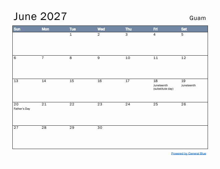 June 2027 Simple Monthly Calendar for Guam