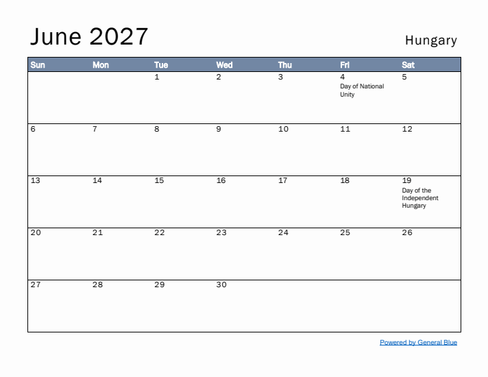 June 2027 Simple Monthly Calendar for Hungary