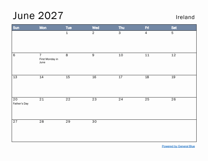 June 2027 Simple Monthly Calendar for Ireland