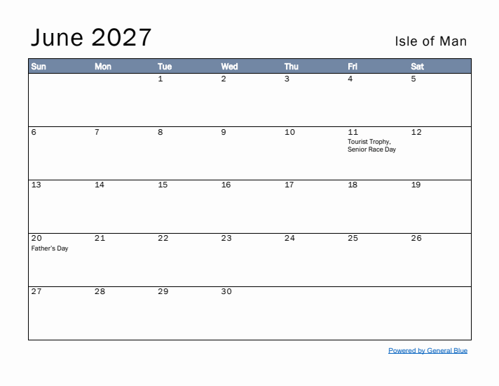 June 2027 Simple Monthly Calendar for Isle of Man