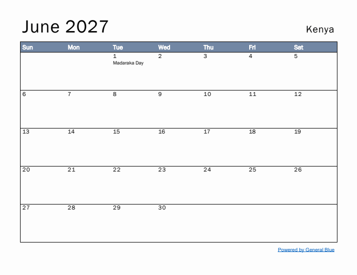 June 2027 Simple Monthly Calendar for Kenya