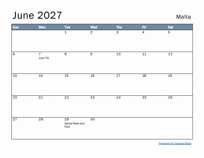 June 2027 Simple Monthly Calendar for Malta