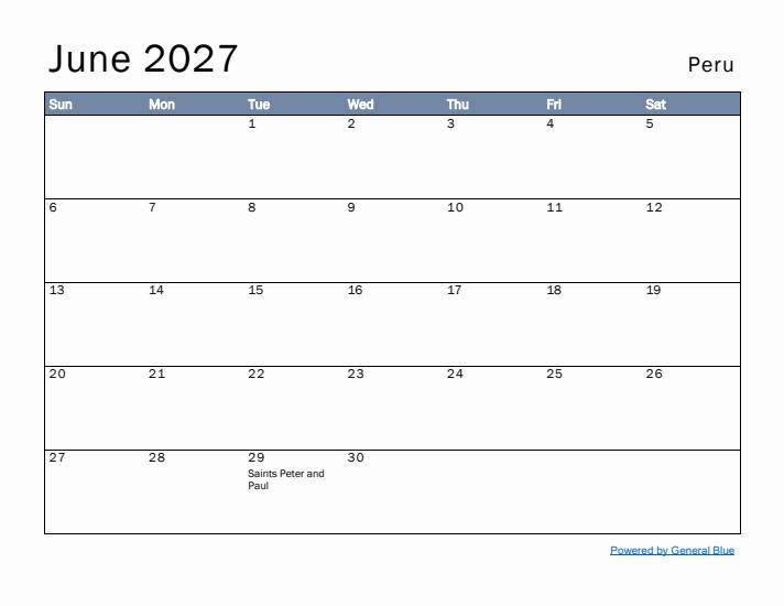 June 2027 Simple Monthly Calendar for Peru