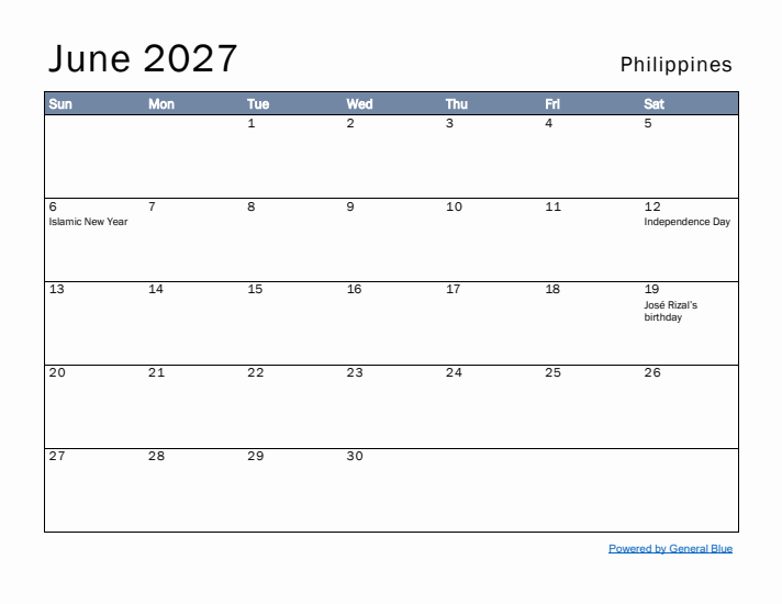 June 2027 Simple Monthly Calendar for Philippines