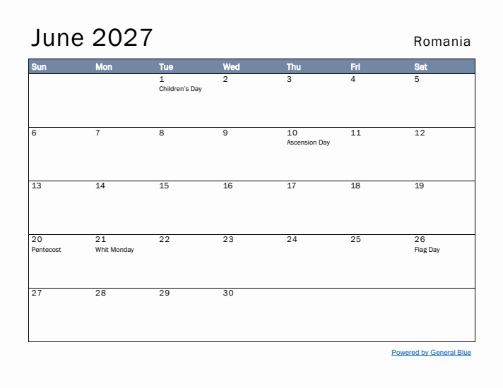 June 2027 Simple Monthly Calendar for Romania