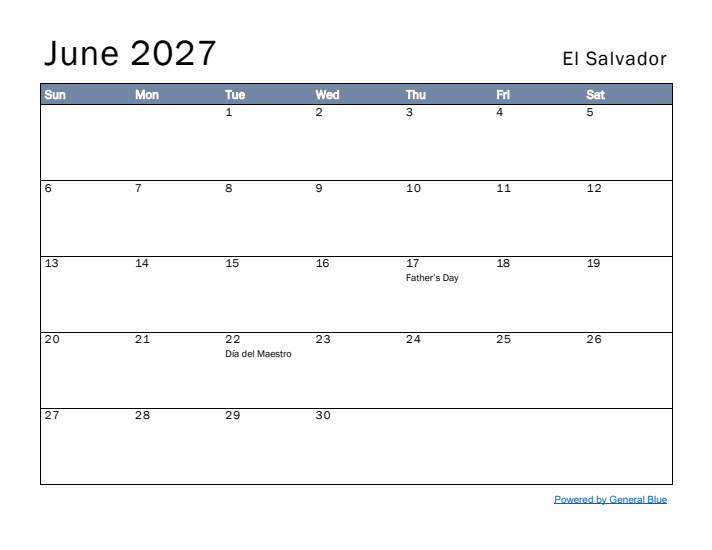 June 2027 Simple Monthly Calendar for El Salvador