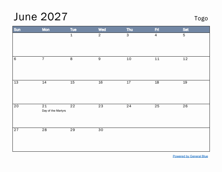 June 2027 Simple Monthly Calendar for Togo