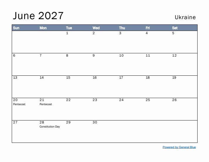 June 2027 Simple Monthly Calendar for Ukraine