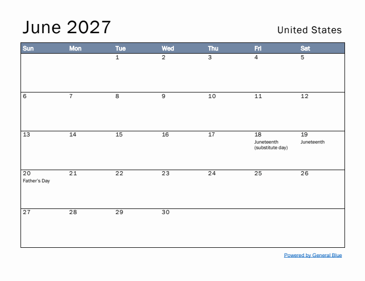 June 2027 Simple Monthly Calendar for United States