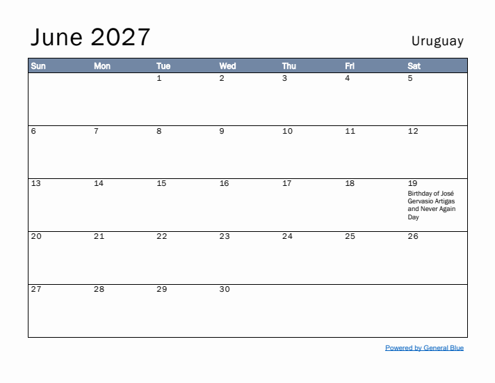 June 2027 Simple Monthly Calendar for Uruguay