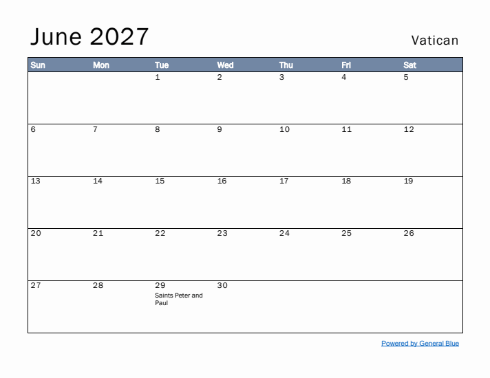 June 2027 Simple Monthly Calendar for Vatican