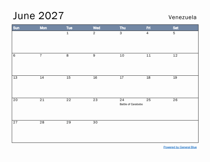 June 2027 Simple Monthly Calendar for Venezuela