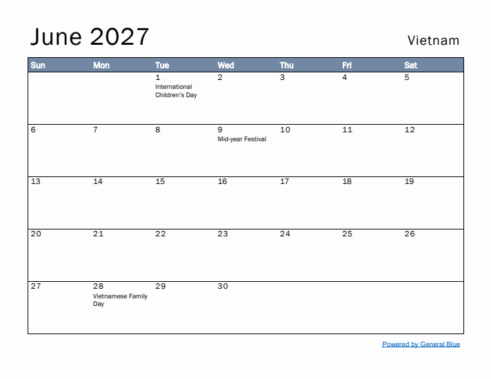 June 2027 Simple Monthly Calendar for Vietnam