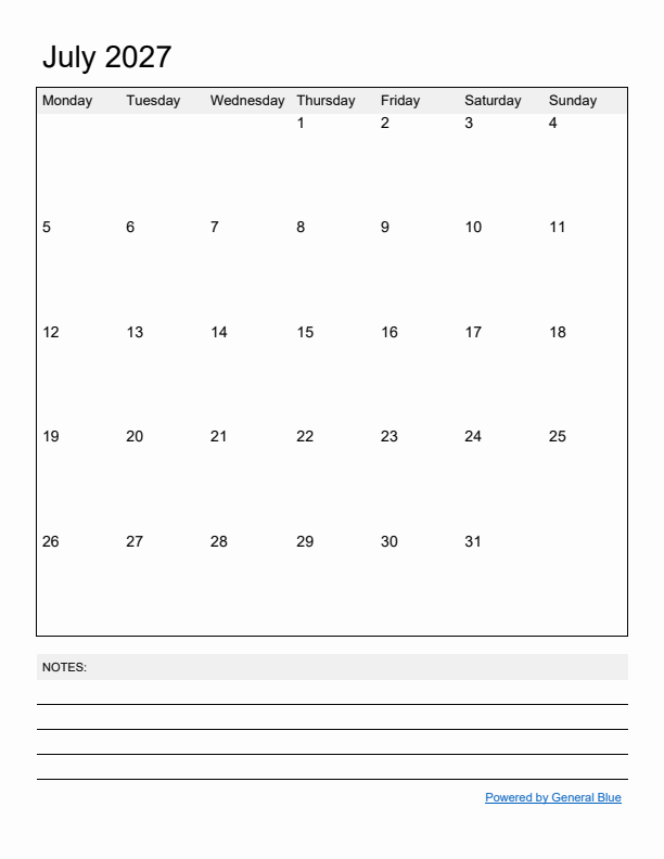 Basic Monthly Calendar Template for July 2027