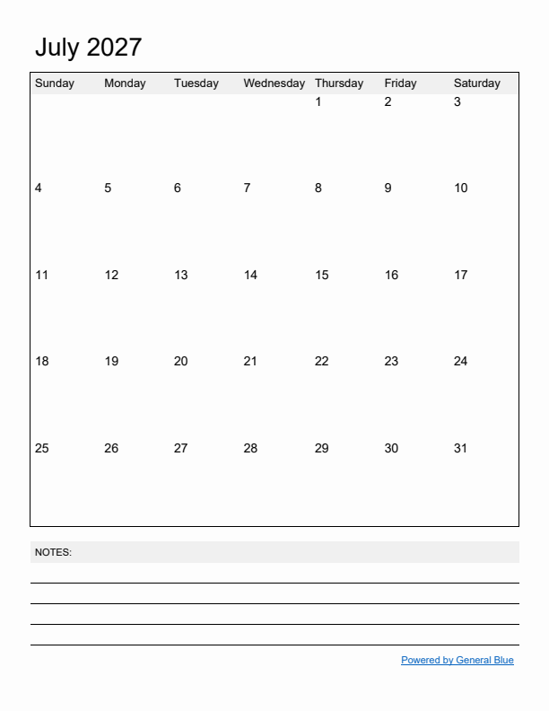 Basic Monthly Calendar Template for July 2027